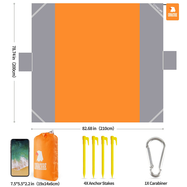 COVACURE Beach Blanket Mat with 3 Zipper Pockets, Extra Large 210 x 200cm Water Resistant Sand Proof Picnic Blanket for Camping, Hiking, Picnic (Orange)