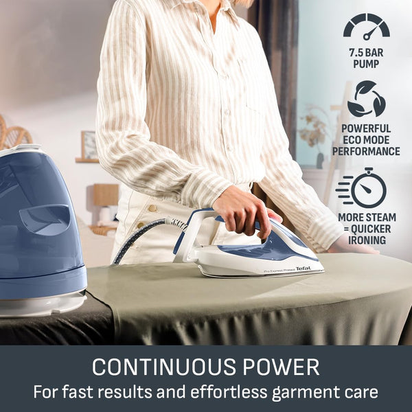 Tefal ProExpress Protect Steam Generator Iron, 7.5-Bar High Pressure, 560g/min Steam Boost, 135g/min Steam Output, No-Setting Technology, Anti-Drip Protection, 1.8 Litre, Blue & White,GV9224