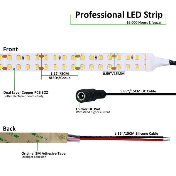 JOYLIT 24V LED Strip Lights 5M 4000K Natural White Dual Row 11200LM Ultra Bright, CE UL Professional CRI 90+ 240LEDs/M High Density 2835 SMD 120W