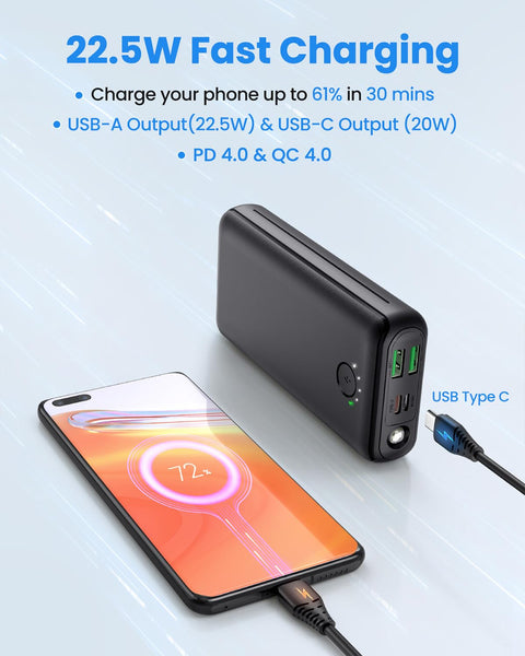 Power Bank 27000mAh Powerbank Fast Charging 22.5W QC 4.0 Portable Charger with Outputs Inputs Flashlight USB C Battery Pack, Ultra-High Capacity Compatible for iPhone Samsung Huawei