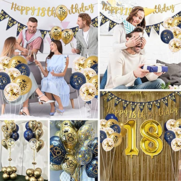 18th Birthday Decorations Boys Blue Gold Happy 18th Birthday Banner, 18th Birthday Balloons, Navy Blue Gold Latex Balloons Party Decorations Confetti Balloons for Boys 18 Birthday Party Supplies