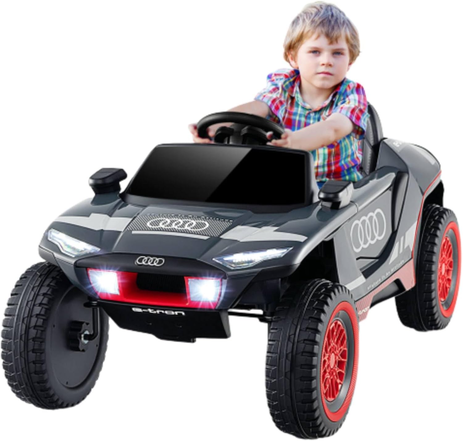 Kids Electric Car, 12V Battery Powered Toy Car with Remote Control, Music, Horn, Head lights, USB/FM, 4 Suspension Springs, Children Ride on E-tron Racing Car for 3+ Years Old