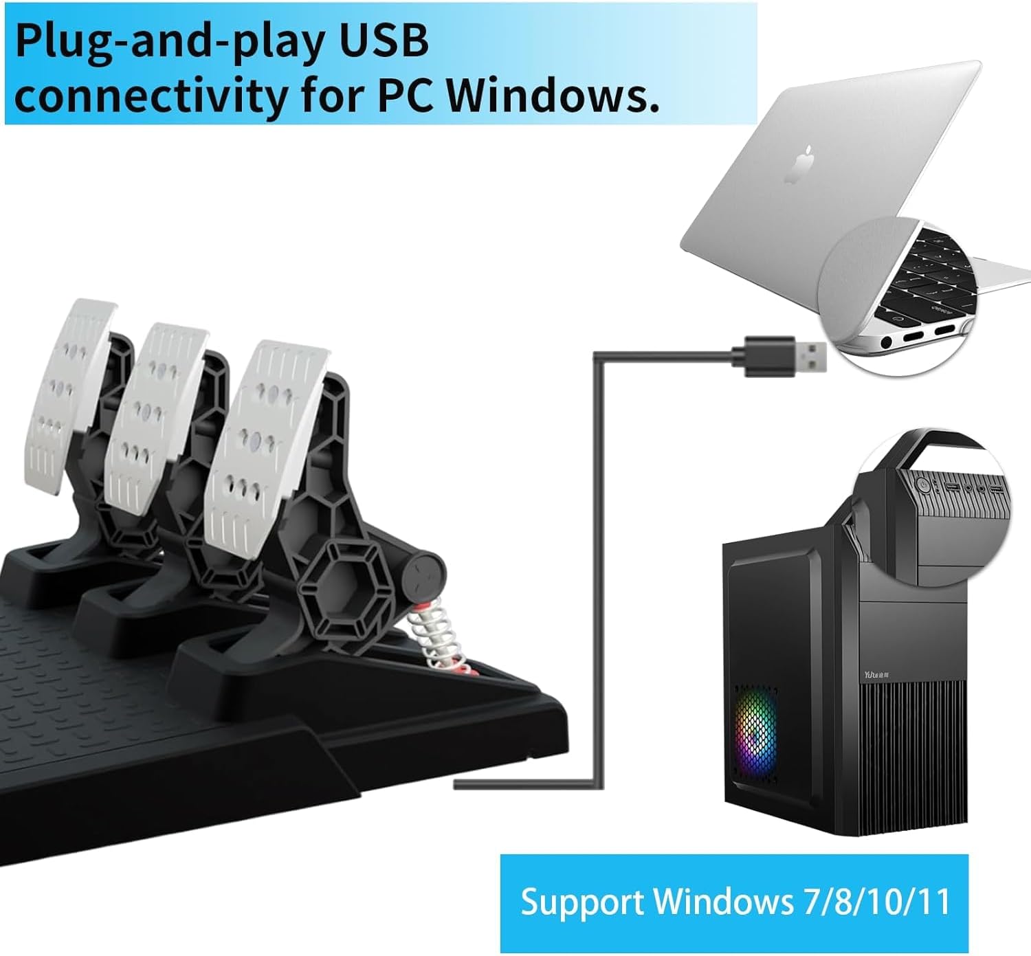 NBCP Racing Pedals, Gaming Steering Wheel Pedal Set for PC, Swappable Springs, Adjustable, Durable, Compatible with PC Win11/Win10/Win7