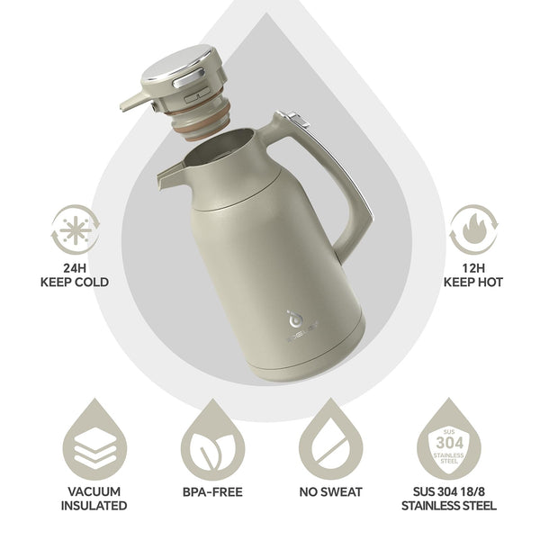 IDEUS Vacuum Insulated Coffee Carafe, 68 oz (2 Liters) Stainless Steel Milk Jug Thermal Tea Pot Hot & Cold Water Beverage Dispenser (Celadon)