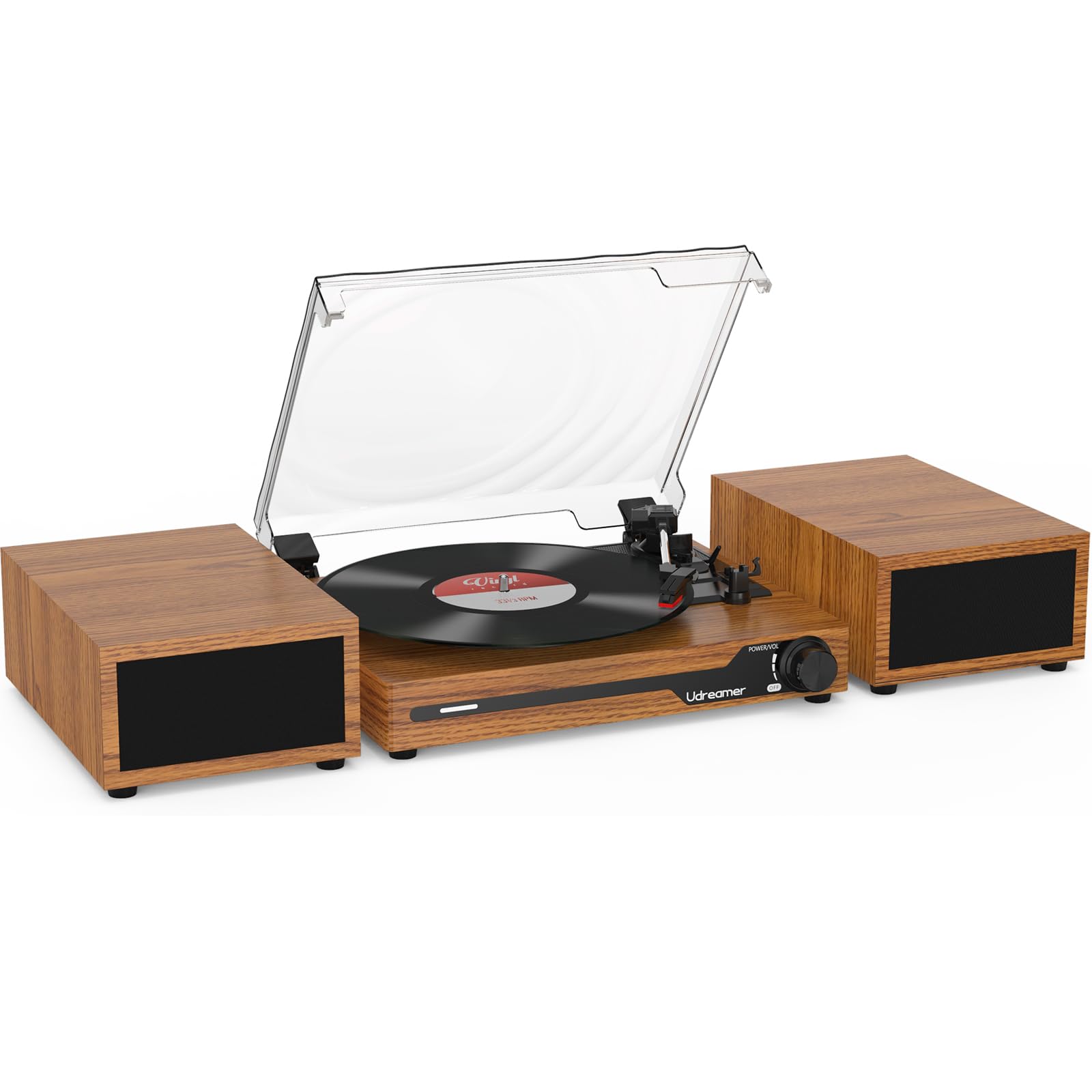 Udreamer Record Player with 2 Dual Stereo Speakers, Vintage Turntable Bluetooth 5.3 Supports 3 Speed, AUX-in, RCA Line, USB, Wireless Playback, Brown