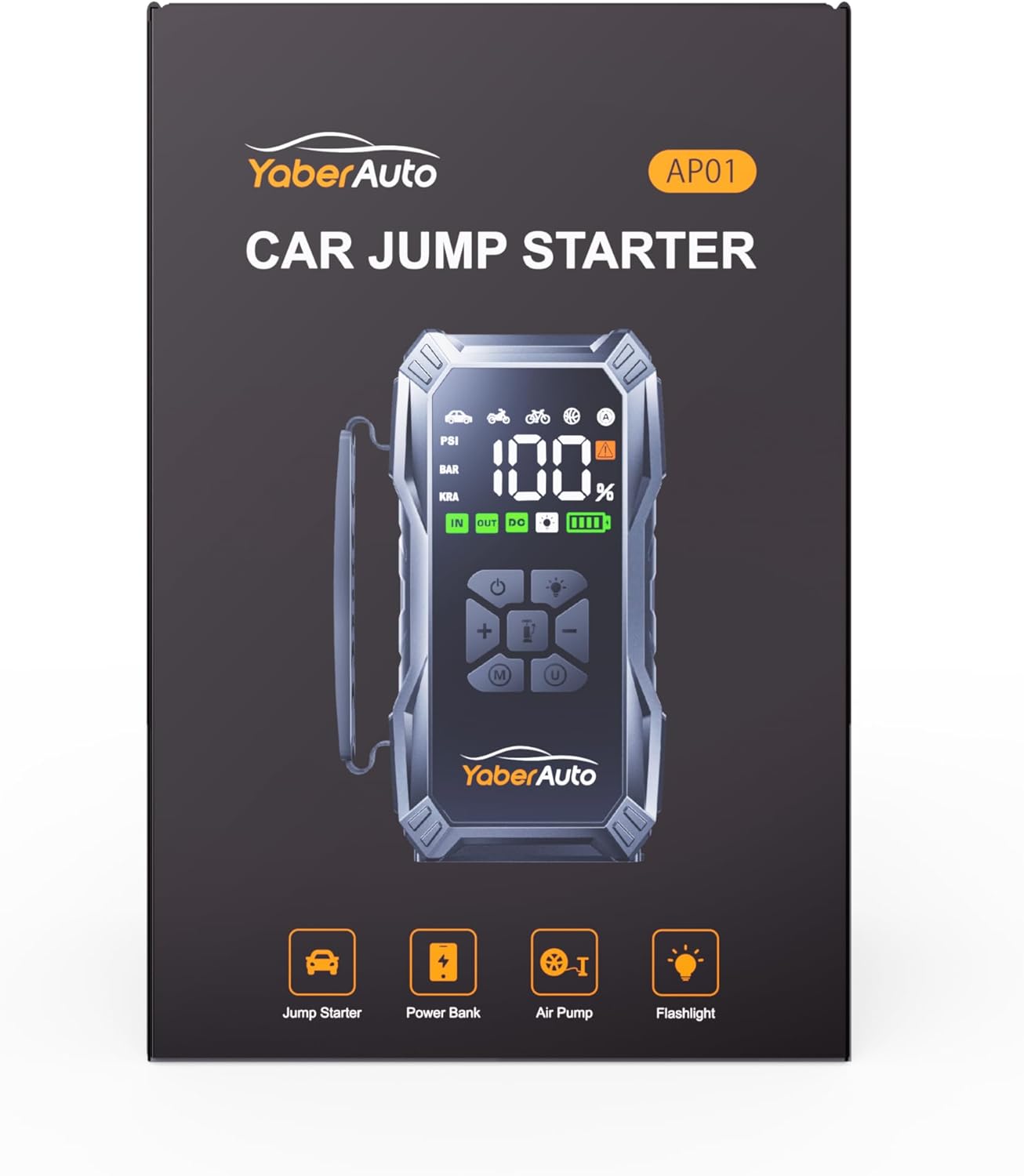 Jump Starter Power Pack with Air Compressor, YaberAuto 6000A Portable Car Battery Booster (All Petrol/10L Diesel), 12V Car Jump Starter Power Bank with Jump Leads, LCD Screen, Emergency Light