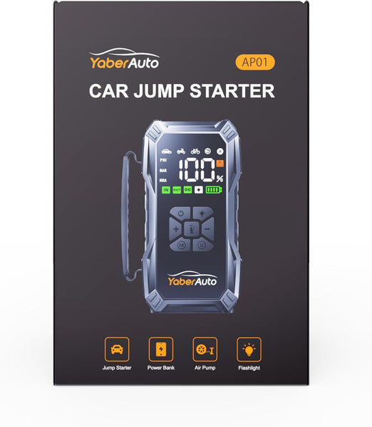 Jump Starter Power Pack with Air Compressor, YaberAuto 6000A Portable Car Battery Booster (All Petrol/10L Diesel), 12V Car Jump Starter Power Bank with Jump Leads, LCD Screen, Emergency Light