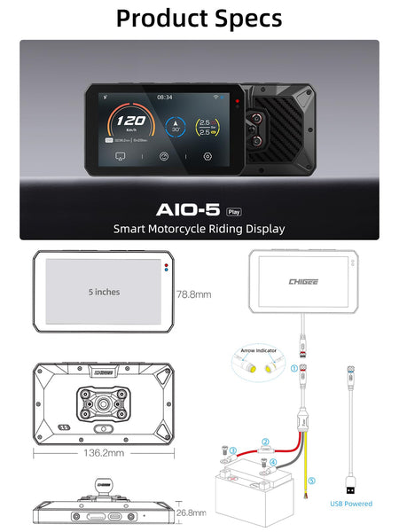 AIO-5 Lite Motorcycle Carplay Android Auto GPS Navigation System, BSD, STARVIS HDR 5" LCD, 60FPS,5G Wi-Fi BT, IP67 Waterproof, Support Siri Google Assistant, 24H Parking Mode, Dedicated App