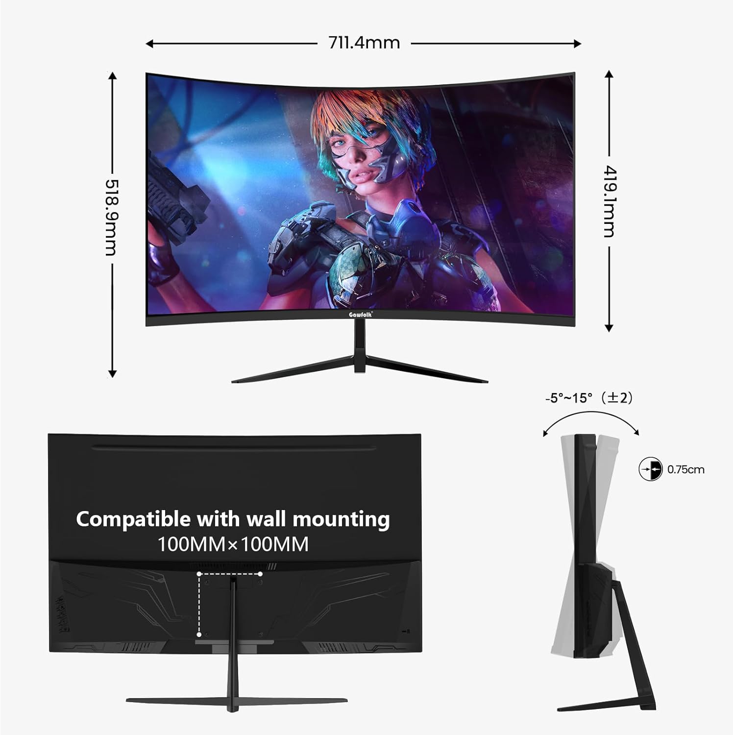 Gawfolk 34 Inch Ultrawide Curved 144Hz Gaming Computer Monitor 1500R PC Screen 21:9 UWQHD (3440x1440),Adaptive Sync,178° Viewing Angle,Display Port、HDMI 2.0, VESA75x75MM-Black