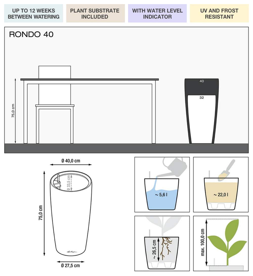 Lechuza RONDO 40 Self Watering Planter Large Plastic Indoor and Outdoor Plant Pot with Drainage Hole D40 H75 cm White High-Gloss