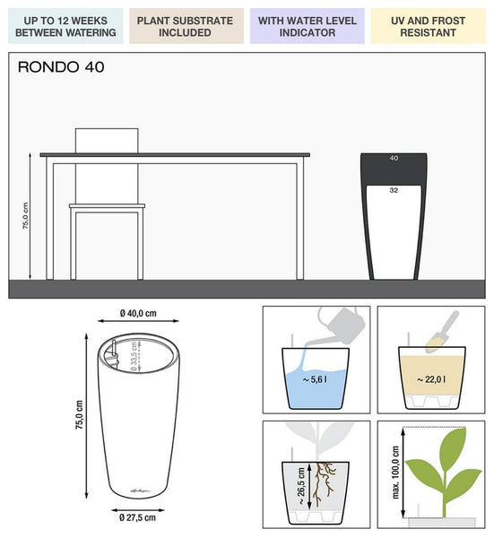 Lechuza RONDO 40 Self Watering Planter Large Plastic Indoor and Outdoor Plant Pot with Drainage Hole D40 H75 cm White High-Gloss