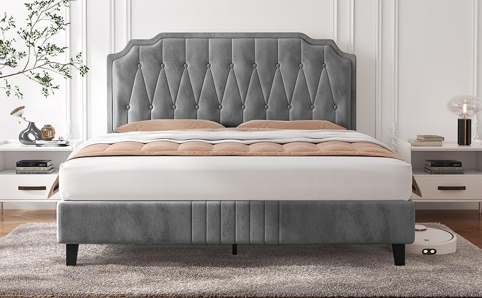 Yaheetech 5ft King Bed Frame Upholstered Platform Bed with Adjustable Button Tufted Headboard/Velvet Fabric/Sturdy Wooden Slat Support/No Box Spring Needed, Dark Grey King Bed