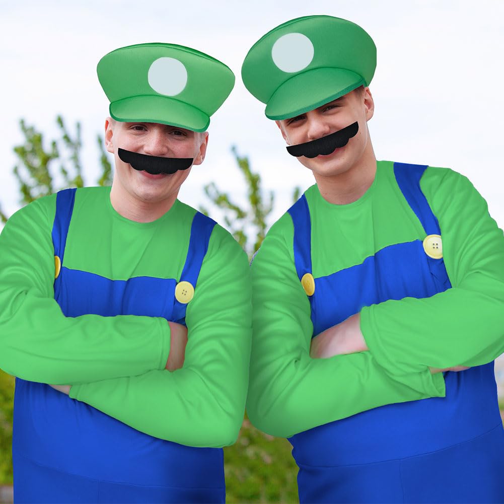 Aomig Mario Costumes, 4 Pack Mario Cosplay Costume Accessories Kits with Bodysuit, Luigi Hats Cap, Mustaches, White Gloves, Mario Luigi Bros Fancy Dress Outfit Costume for Women Men