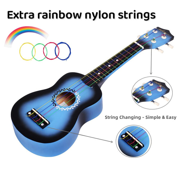 ADM Soprano Ukulele Set for Kids and Beginners, Ukulele Starter Kit with Bag, Clip-On Tuner, Rainbow Strings, Colourful Strap, Plectrum, Fingerboard Sticker, Chord Card (Dark Blue)