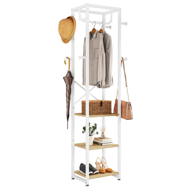 IBUYKE Coat Rack, Freestanding Coat Stand with 3 Shelves and 8 Hooks, Industrial Clothes Stand for Entryway, Hallway, Bedroom, 180 x 40 x 30 cm,