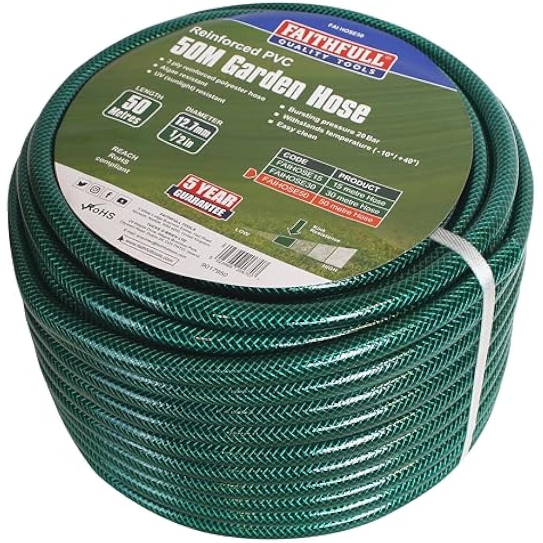 Faithfull 50M (164ft) Reinforced Hose 12.7 mm (1/2 Inch) Diameter – PVC Garden Hose Pipe