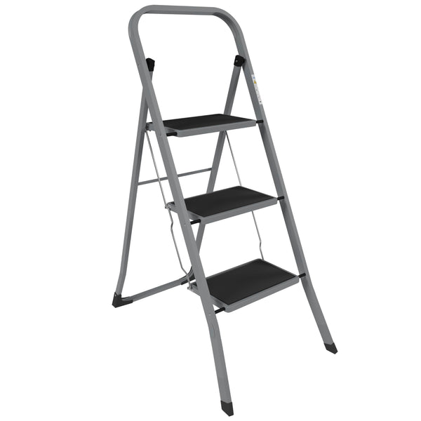 Home Vida 3 Step Ladder - Heavy Duty Steel Folding Ladder with Slip-Resistant and Wide Steps, Folding Mechanism, 150kg Max Load, Home/Kitchen/DIY/Garden Use, White