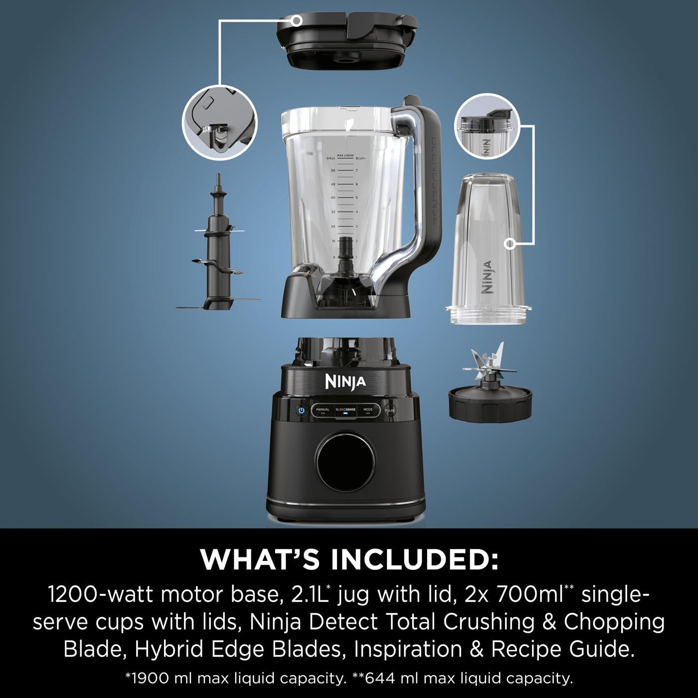 Ninja 2-in-1 Detect Power Blender Pro & Single Serve, 1200W Blender With Jug, & 2x Single Serve Cups, Blend Smoothies, Chop Vegetables & Mix Frozen Drinks, Black/Copper, TB301UKCP