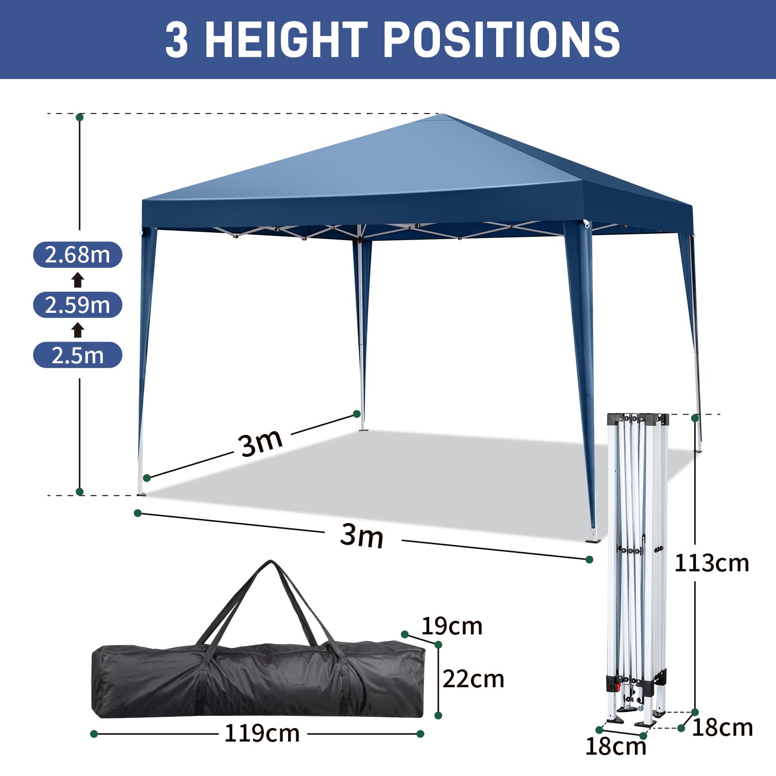 Outopee 3m x 3m Ez Pop Up Canopy Tent with 4 SideWalls, Outdoor Gazebo Portable Instant Canopy for Commercial Events, Party, Backyard BBQ, Camping, Blue
