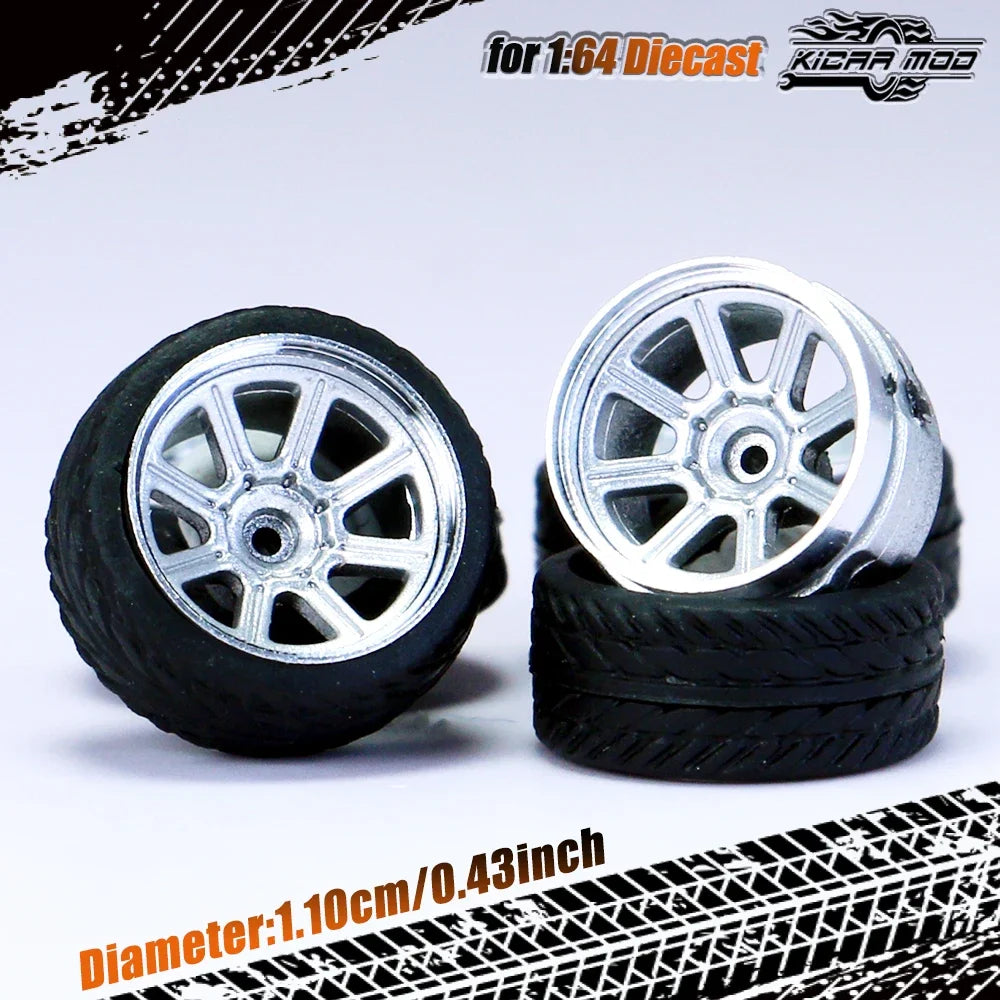 Kicarmod 1/64 Model Car ABS Wheels with Rubber Tire Rivet Axle Metal Rims Diameter 11mm Refitting Parts For Model Car Hot Wheels
