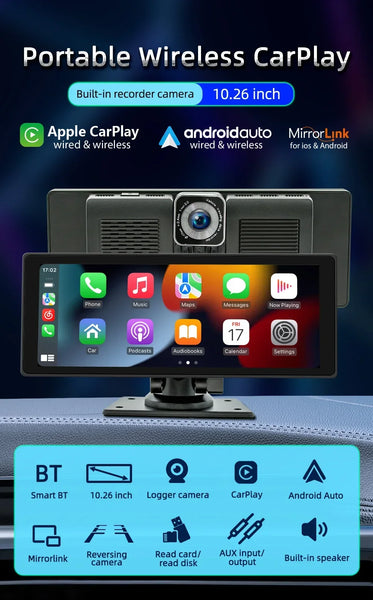 BQCC 10.26 Inch Portable Wireless Carplay Screen HD Rear Reversing Camera Car Radio DVR MP5 Multimedia Video Player Android Auto