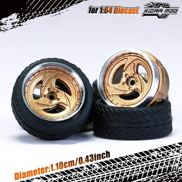 Kicarmod 1/64 Model Car ABS Wheels with Rubber Tire Rivet Axle Metal Rims Diameter 11mm Refitting Parts For Model Car Hot Wheels