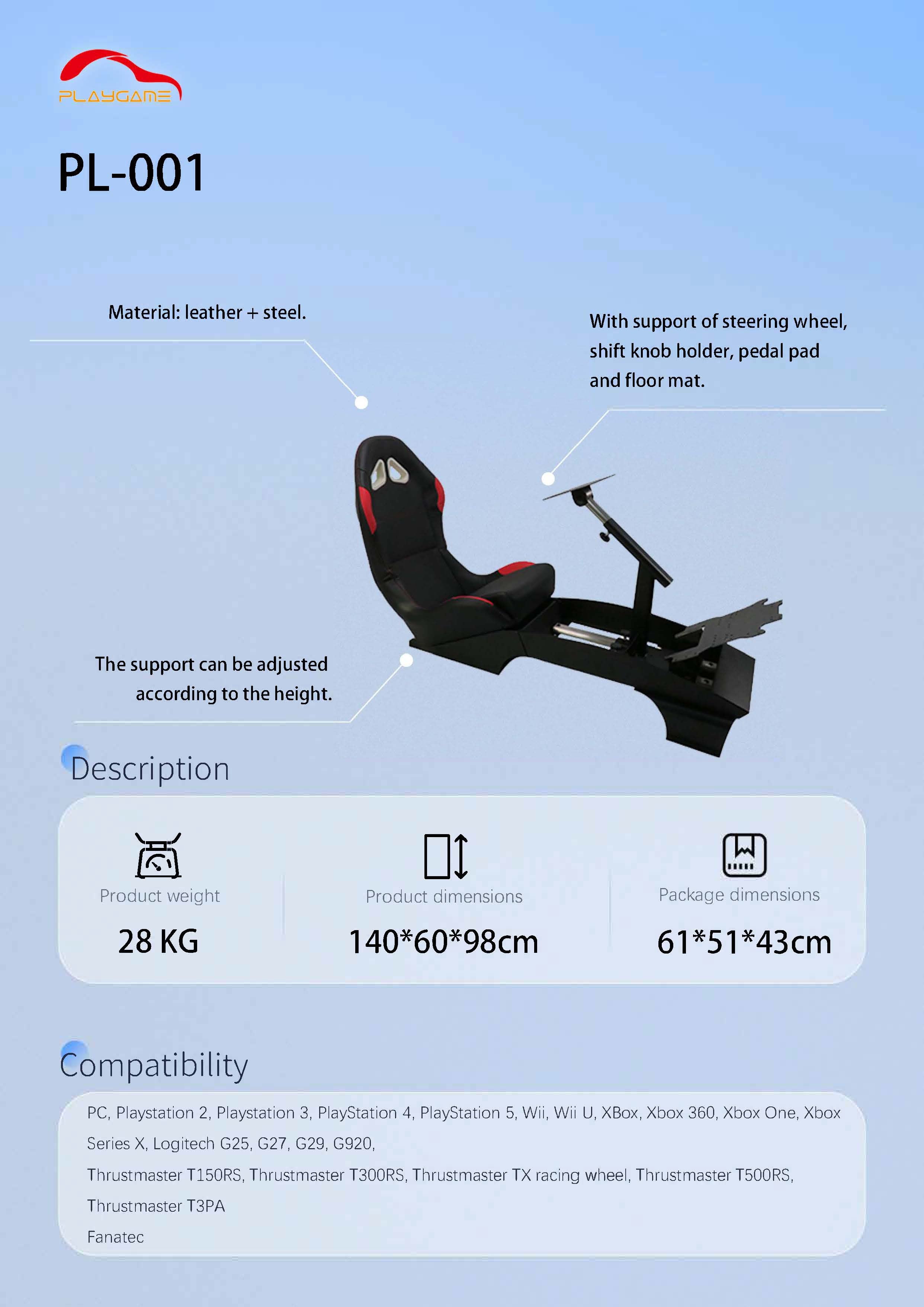 PLAYGAME PL-001 Racing Simulator Driving Sim Frame & Bucket Seat for Steering Wheel & Pedals