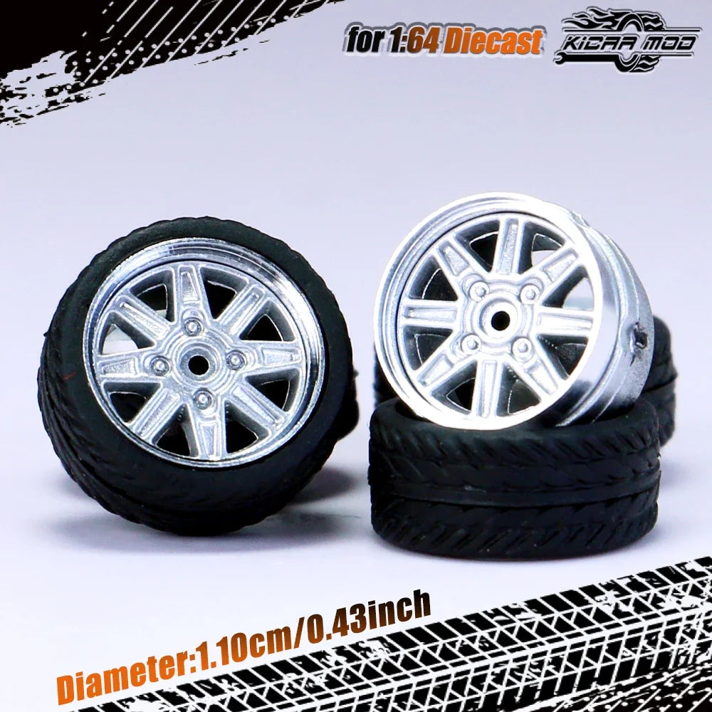 Kicarmod 1/64 Model Car ABS Wheels with Rubber Tire Rivet Axle Metal Rims Diameter 11mm Refitting Parts For Model Car Hot Wheels