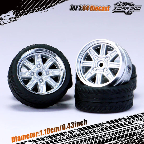Kicarmod 1/64 Model Car ABS Wheels with Rubber Tire Rivet Axle Metal Rims Diameter 11mm Refitting Parts For Model Car Hot Wheels
