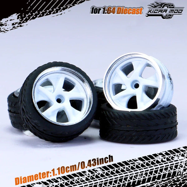 Kicarmod 1/64 Model Car ABS Wheels with Rubber Tire Rivet Axle Metal Rims Diameter 11mm Refitting Parts For Model Car Hot Wheels
