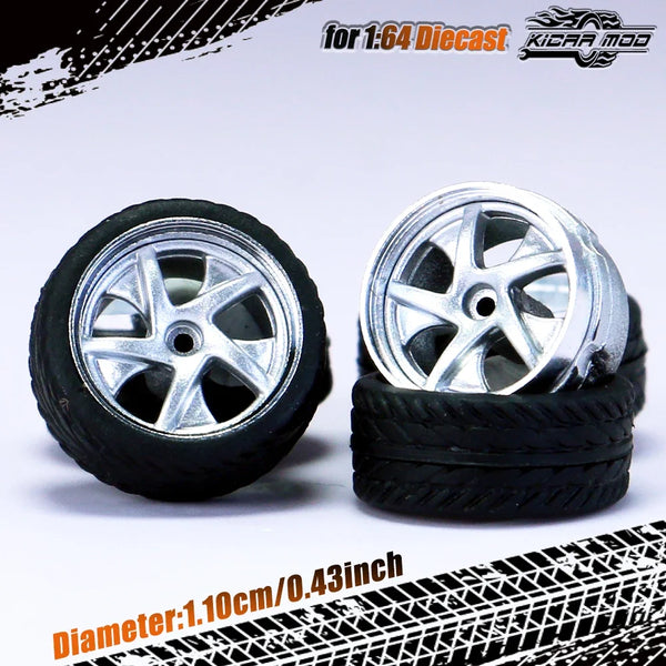 Kicarmod 1/64 Model Car ABS Wheels with Rubber Tire Rivet Axle Metal Rims Diameter 11mm Refitting Parts For Model Car Hot Wheels