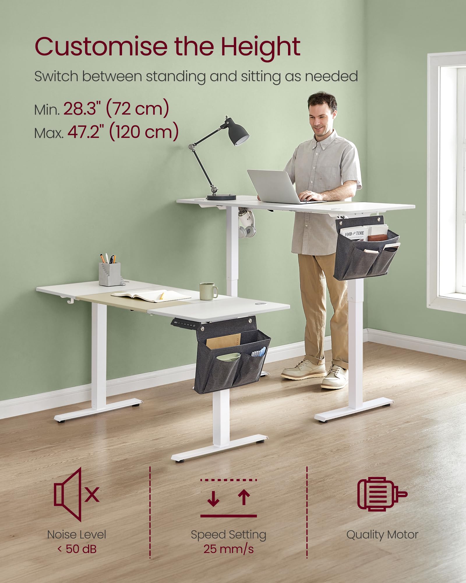 VASAGLE Electric Standing Desk, Height Adjustable Desk, 60 x 140 x (72-120) cm, 4 Memory Heights, Storage Pocket, for Home Office, Study, Rustic Brown and Ink Black LSD134K02