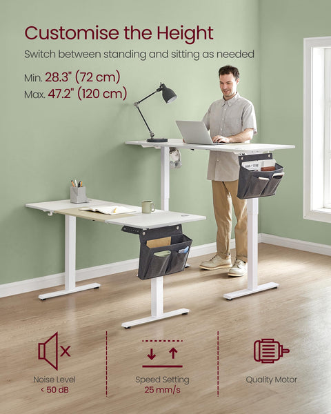 VASAGLE Electric Standing Desk, Height Adjustable Desk, 60 x 140 x (72-120) cm, 4 Memory Heights, Storage Pocket, for Home Office, Study, Rustic Brown and Ink Black LSD134K02