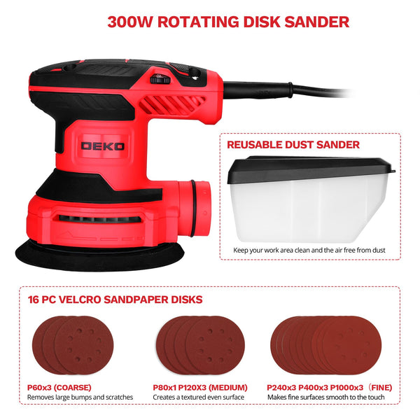 DEKOPRO Random Orbit Sander 300W with 16Pcs Sandpapers, 6 Variable Speed 14000RPM, 125MM Hand Electric Tool, High Performance Dust Collection System, Fit for Woodworking/Sanding