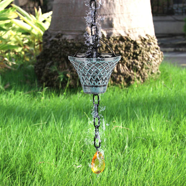 Hanayard Decorative Blue Plaid Rain Chain Umbrella Shape Downspouts 8.5 FT Outdoor Garden Decor for Gutters - 12 Cups?