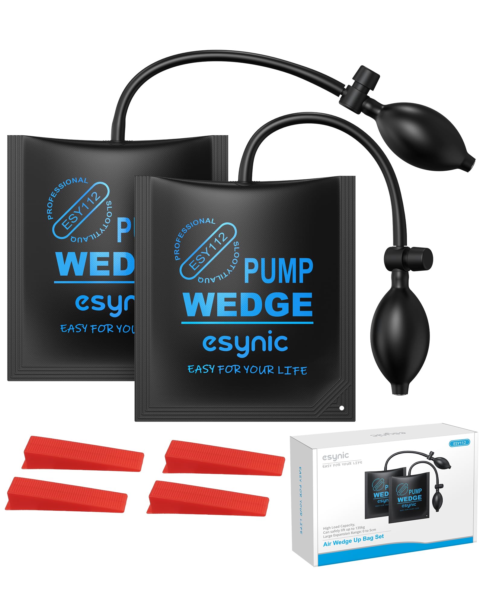 eSynic 3Pack Air Wedge Pump up Bag Inflatable Wedge Winbags Smooth TPU Air Bags for Lifting Door Air Wedge Door Lifter Pump Load-Bearing 297 Pounds/134KG with 4 Plastic Wedges-Blue