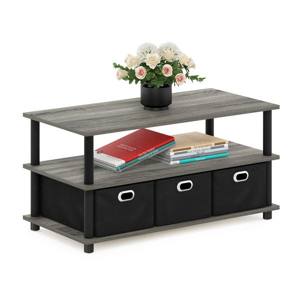 Furinno Frans Turn-N-Tube Coffee Table with Bin Drawers, French Oak Grey/Black/Black, 79.2 (W) x 40.1 (H) x 39.4 (D) cm