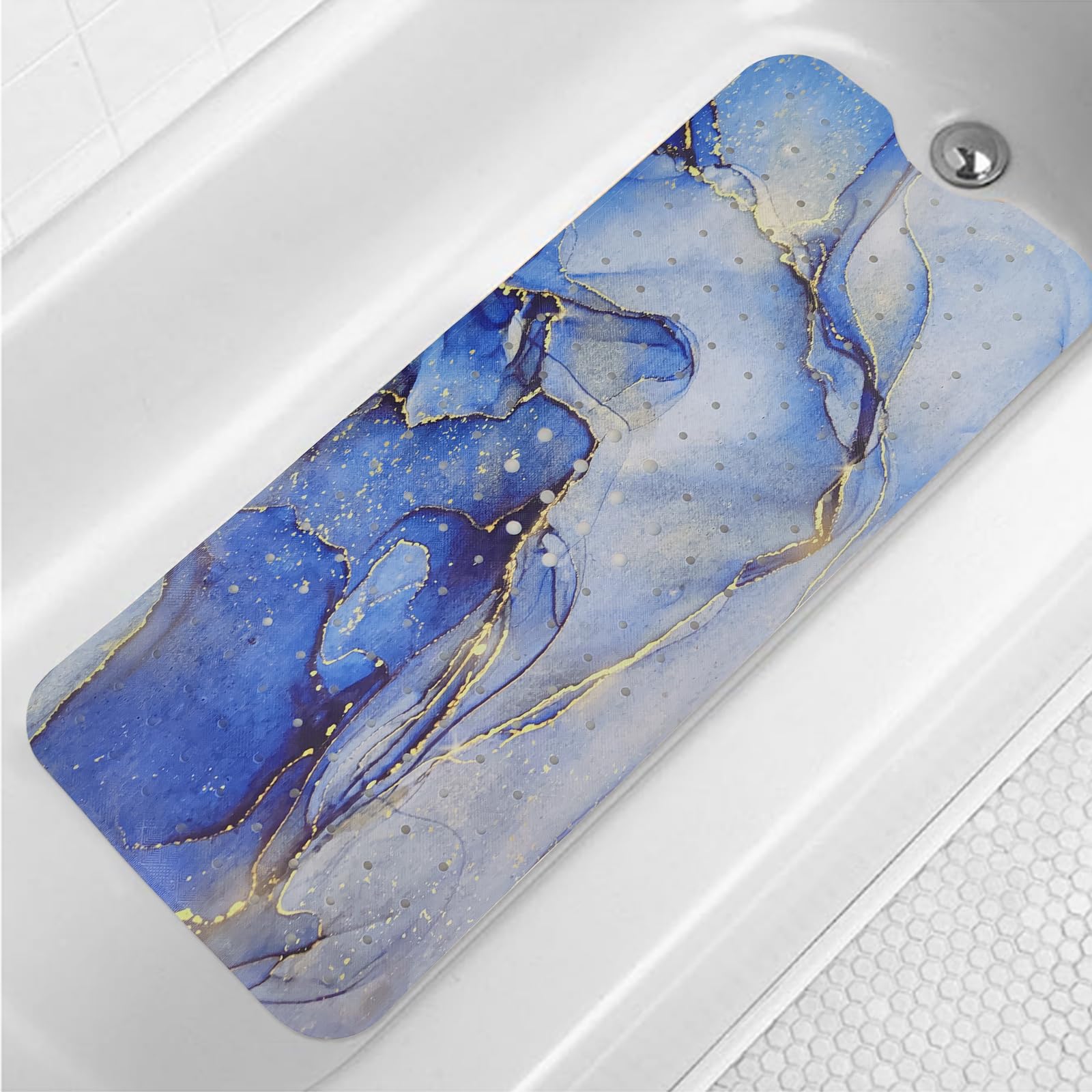 Blue Bathtub Mat Non Slip Gold Line Marble Extra Long Bath Mat for Tub 40x16in Abstract Art Anti Slip Shower Mat for Bathroom with Large Drain Holes