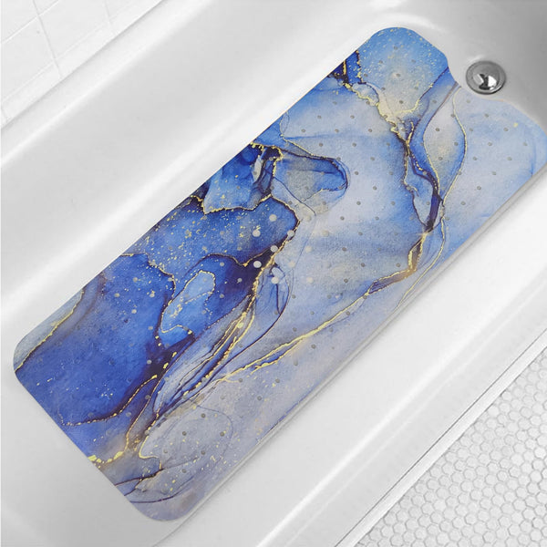 Blue Bathtub Mat Non Slip Gold Line Marble Extra Long Bath Mat for Tub 40x16in Abstract Art Anti Slip Shower Mat for Bathroom with Large Drain Holes