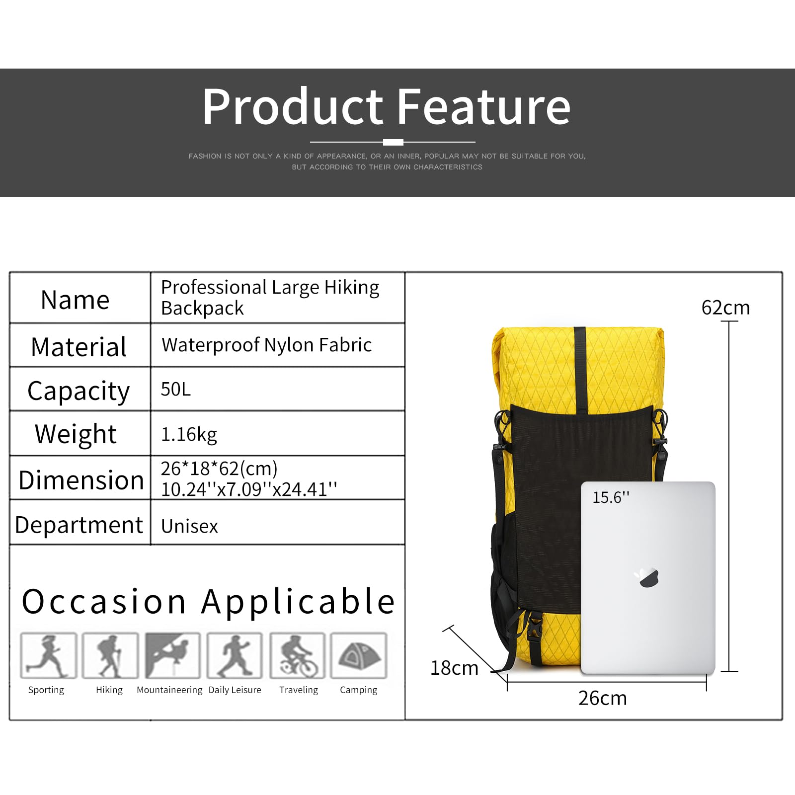 POWER KING 40L Expandable TO 50L Hiking Backpack,Upgraded X-PAC Scratch-proof Lightweight Large Rucksack for Mens Women, Outdoor Roll Top Camping Packsack, Fit for 15.6'' Laptop