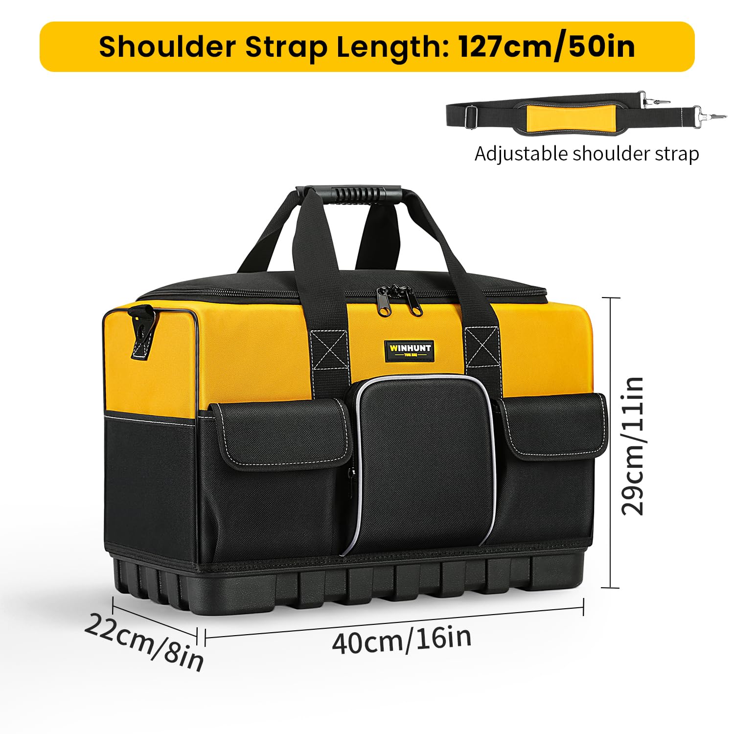 WINHUNT Open Mouth Tool Bag, Heavy Duty Electrician Tool Bags, Tool Storage Organiser with Waterproof Hard Base, Yellow/Black, 16 Inch