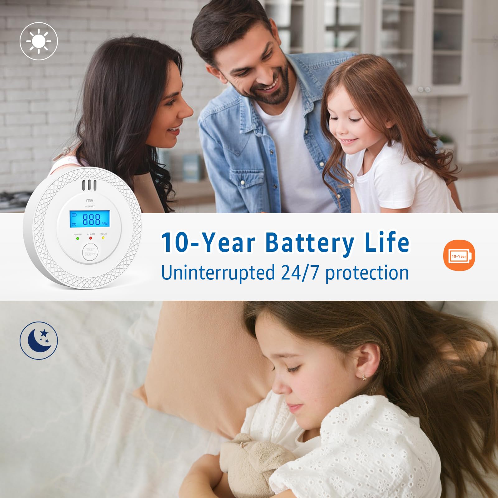 MEEHHEY Carbon Monoxide Detector, Carbon Monoxide Alarm, CO Alarm with Digital Display and Test Button, CO Detector Monitor with Replaceable Battery, Ten Years Alarm Sensor Life, AA Battery Powered