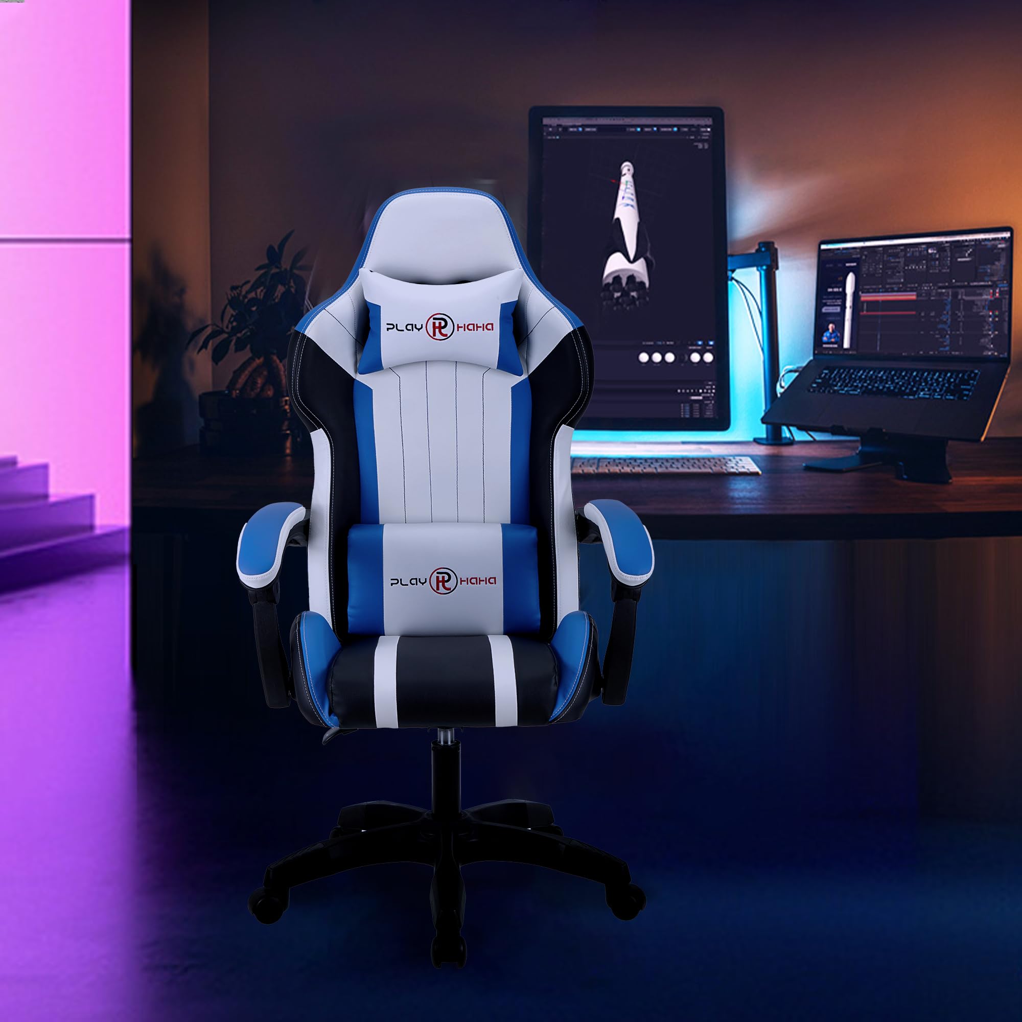 T-THREE.Ergonomic Leather Gaming Chair Height Adjustable with Headrest and Lumbar Support(Orange)