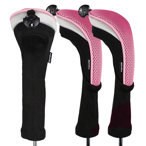 Andux 6pcs/Set Golf Club Head Covers Woods Driver Fairway Hybrid Set Long Neck (3 Hybrid + 3 Woods) Black/Pink
