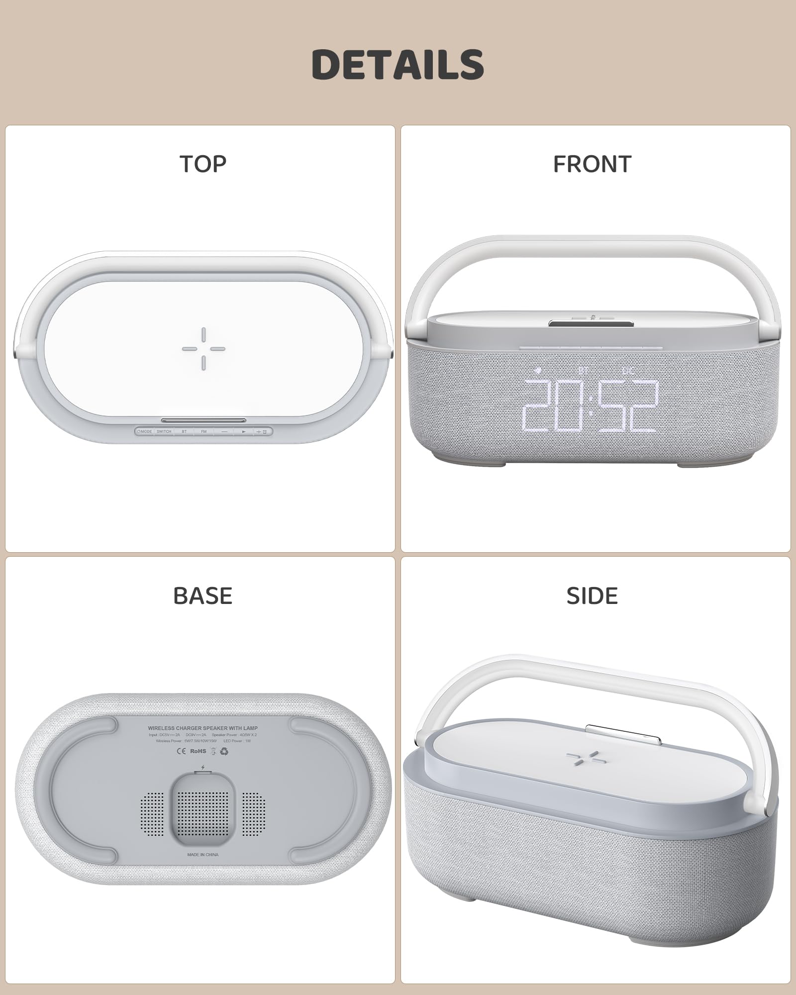 COLSUR Radio Alarm Clock Bluetooth Speaker, 15W Wireless Charger Alarm Clocks Bedside, Night Light, Loud Volume for Heavy Sleepers, Snooze, Dimmable LED Display, 2500mAh Battery