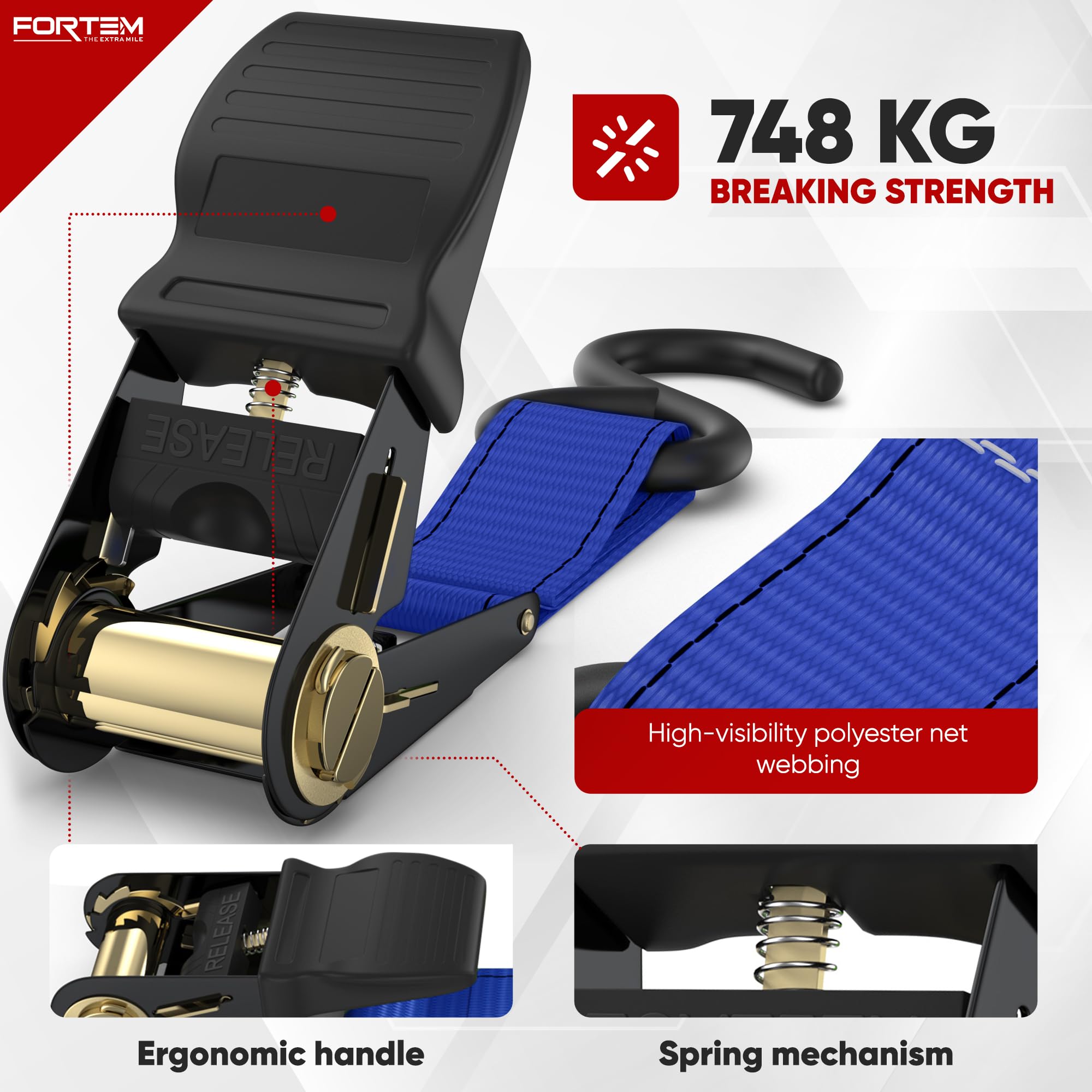 FORTEM Ratchet Straps, 748kg Break Strength, 4 Pack 4.6m x 2.54cm Tie Down Strap Set, 4 Soft Loops, Motorcycle Straps Tie Downs, Cargo Cam Buckles, Rubber Handles, Carry Bag