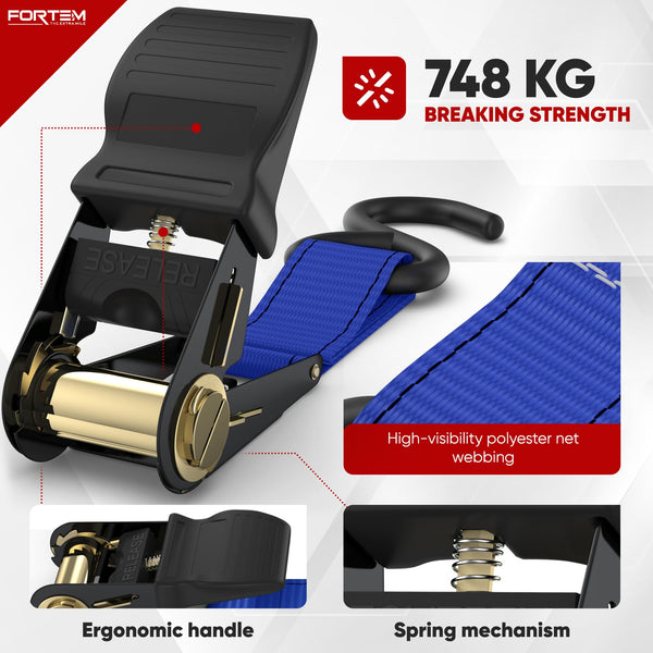 FORTEM Ratchet Straps, 748kg Break Strength, 4 Pack 4.6m x 2.54cm Tie Down Strap Set, 4 Soft Loops, Motorcycle Straps Tie Downs, Cargo Cam Buckles, Rubber Handles, Carry Bag