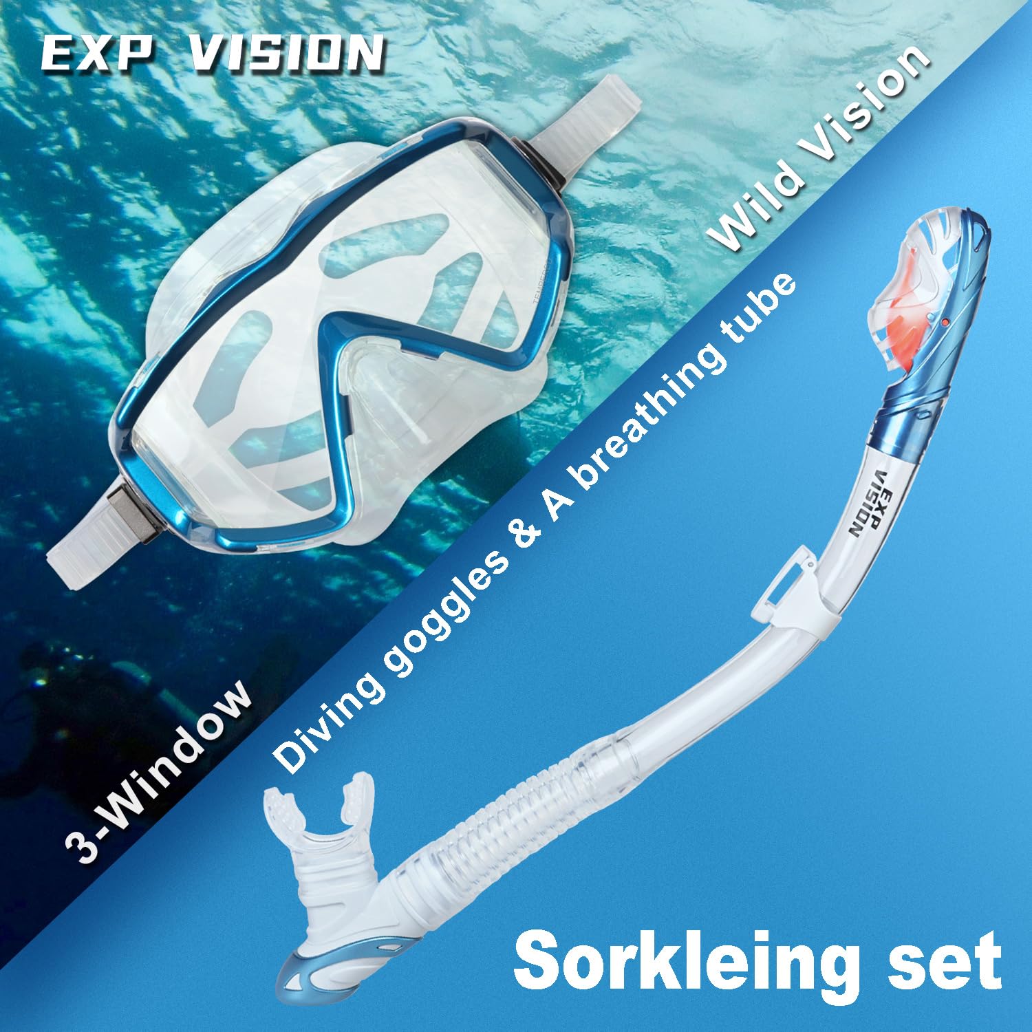 Dry Snorkel Set, Pano 3 Window Snorkel Mask, Anti-Fog Scuba Diving Goggles and Snorkel, Professional Adult Snorkeling Swim Mask Gear (Lake Blue Set)