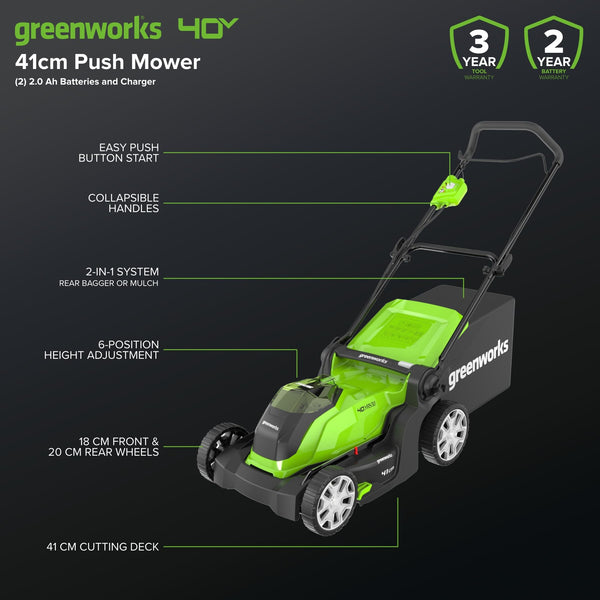 Greenworks 40V Cordless Lawnmower for Lawns up to 500m², 41cm Cutting Width, 50L Bag, Two of 40V 2Ah Batteries & One Charger, 3 Year Guarantee-G40LM41K2X, Green, Black, Grey
