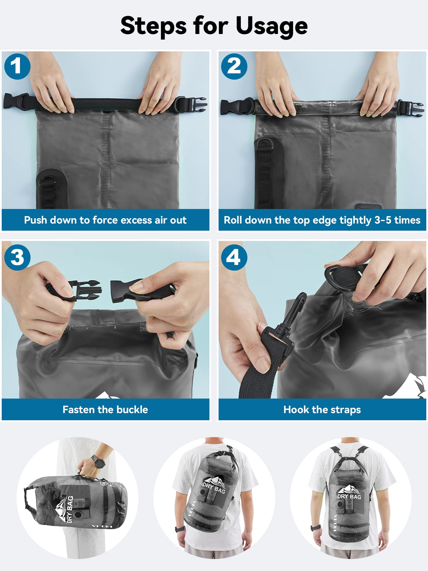 HEETA Waterproof Dry Bag for Women Men, 5L/10L/20L Roll Top Lightweight Dry Storage Bag Backpack with Waterproof Phone Case(IPX7) for Travel, Swimming, Boating, Kayaking, Camping and Beach